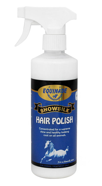 Image of a spray bottle of Equinade Showsilk Hair Polish - concentrated for a supreme shine and healthy looking coat on all animals. Available to purchase from Saddleworld Dural.