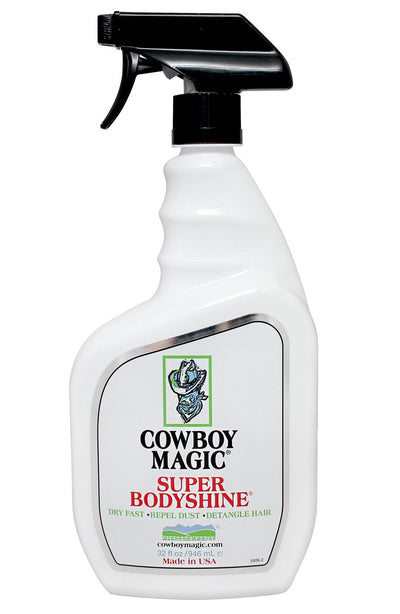Image of a spray bottle of Cowboy Magic Super Bodyshine for detangling hair on a horse mane. Available to purchase from Saddleworld Dural.