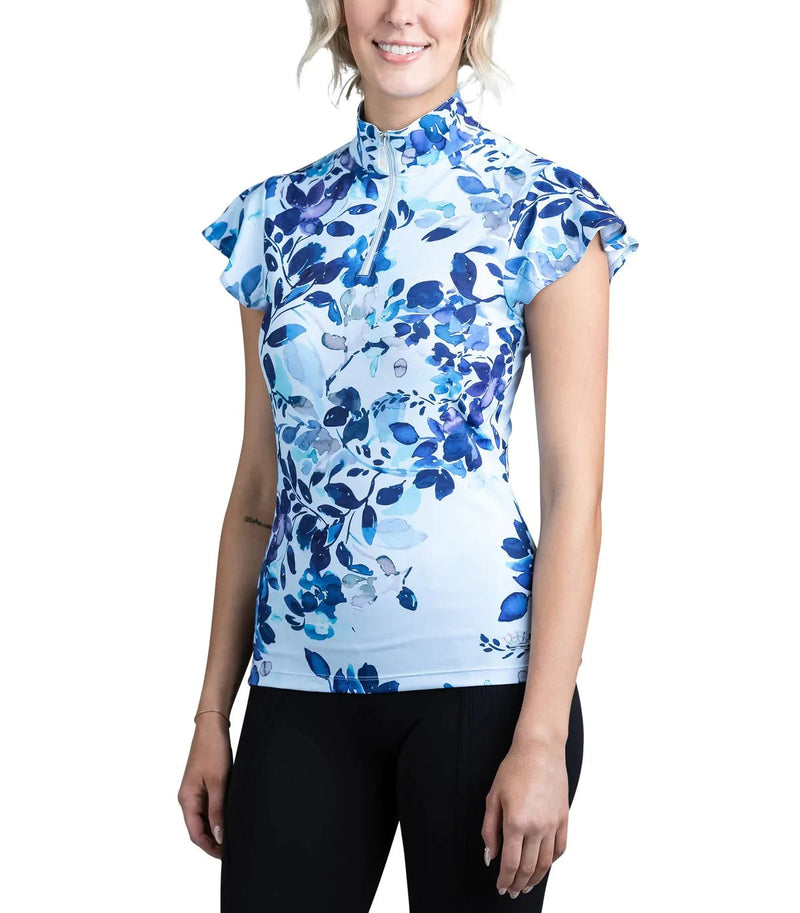 Kastel Blue Watercolour Flutter Sleeve Shirt