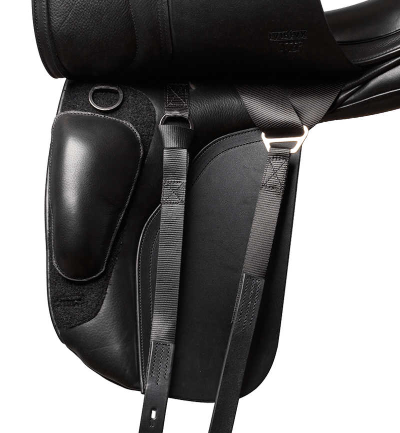 Close up of Velcro knee block on a black Fairfax Classic Petite Dressage horse saddle. This saddle is available to purchase from Saddleworld Dural.