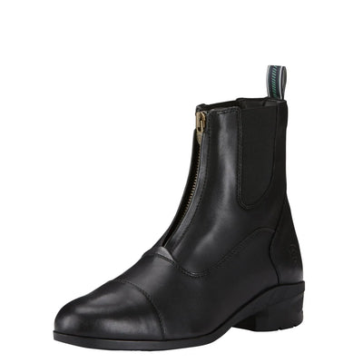 Ariat Men's Heritage IV Zip Paddock Boots in black leather with front zipper, padded collar, and shock-absorbing heel. Available at Saddleworld Dural.