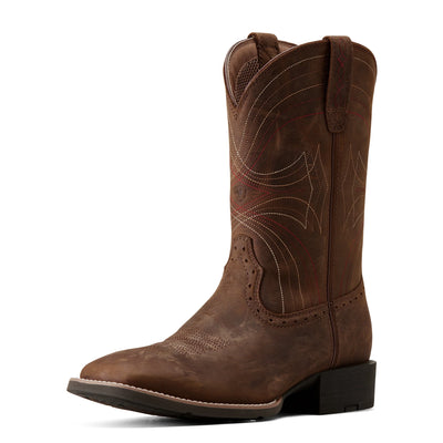 Ariat Men's Western Sport Wide Square Toe Boots in distressed brown leather with classic stitching and a durable sole. Available at Saddleworld Dural.