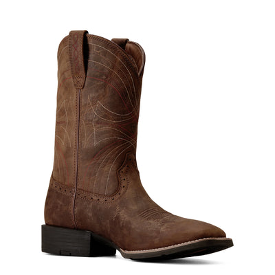 Side view of Ariat Men's Western Sport Wide Square Toe Boots in brown leather, featuring intricate stitching and a rugged outsole. Available at Saddleworld Dural.