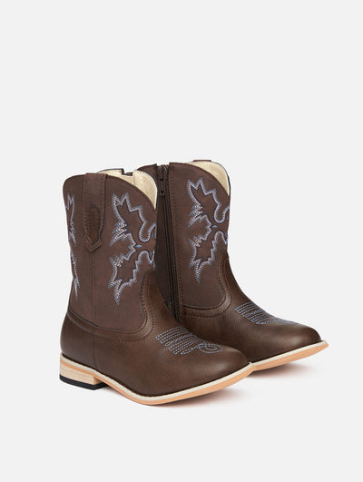 Baxter Junior Western Boots in brown leather with contrast stitching, a durable sole, and a classic cowboy boot design for kids.