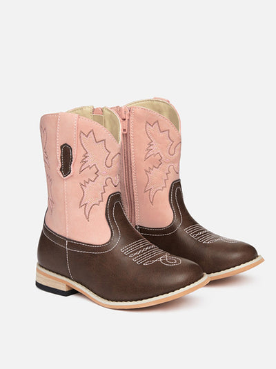 Baxter Junior Western Boots in brown leather with a pink synthetic shaft, designed for young riders and casual wear.