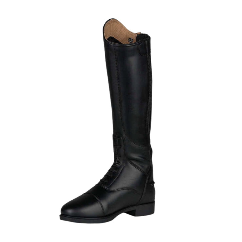 Side view of Horze Rover Field Junior Tall Boots, featuring sleek black design, durable sole, and flexible fit. Sold at Saddleworld Dural.