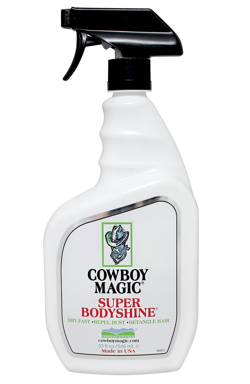 Image of a spray bottle of Cowboy Magic Super Bodyshine for detangling hair on a horse mane. Available to purchase from Saddleworld Dural.