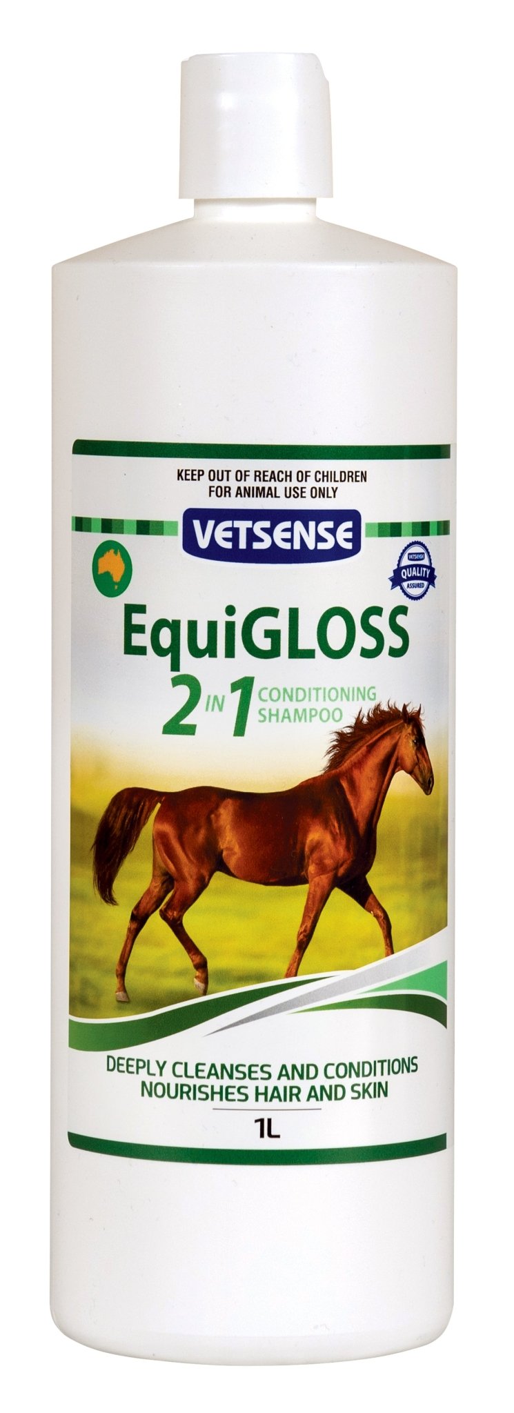 Image of Vetsense EquiGLOSS 2 in 1 conditioning shampoo for horses, available to purchase from Saddleworld Dural.