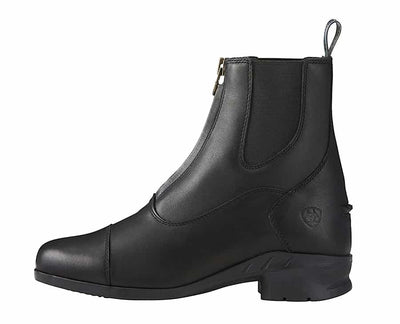 Side view of Ariat Women's Heritage IV Zip Paddock Boots in black leather, showcasing sleek design and supportive sole.