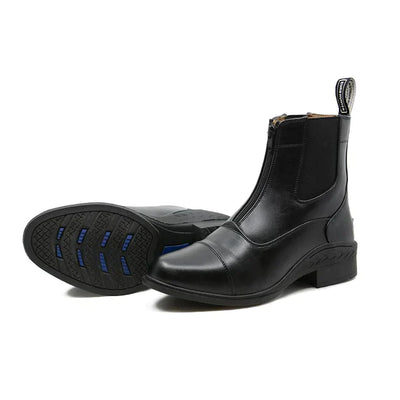 Eurohunter Zip Paddock Boots in black leather with front zip, durable sole, and elastic sides for a secure fit. Available at Saddleworld Dural