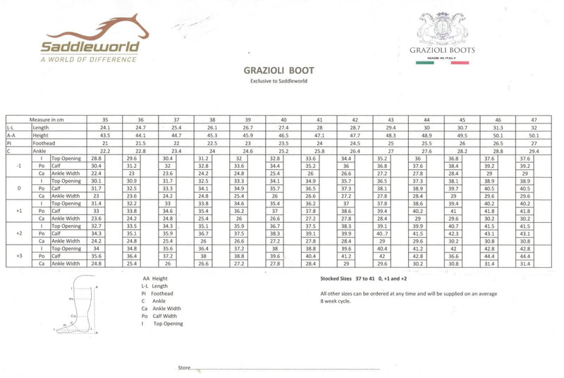 Grazioli Top Boots size chart displaying foot and calf measurements for a precise fit. Available at Saddleworld Dural.