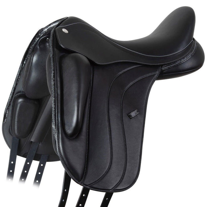 Image of a black Fairfax Stella Monoflap Dressage horse saddle (previously known as Fairfax Rebecca).